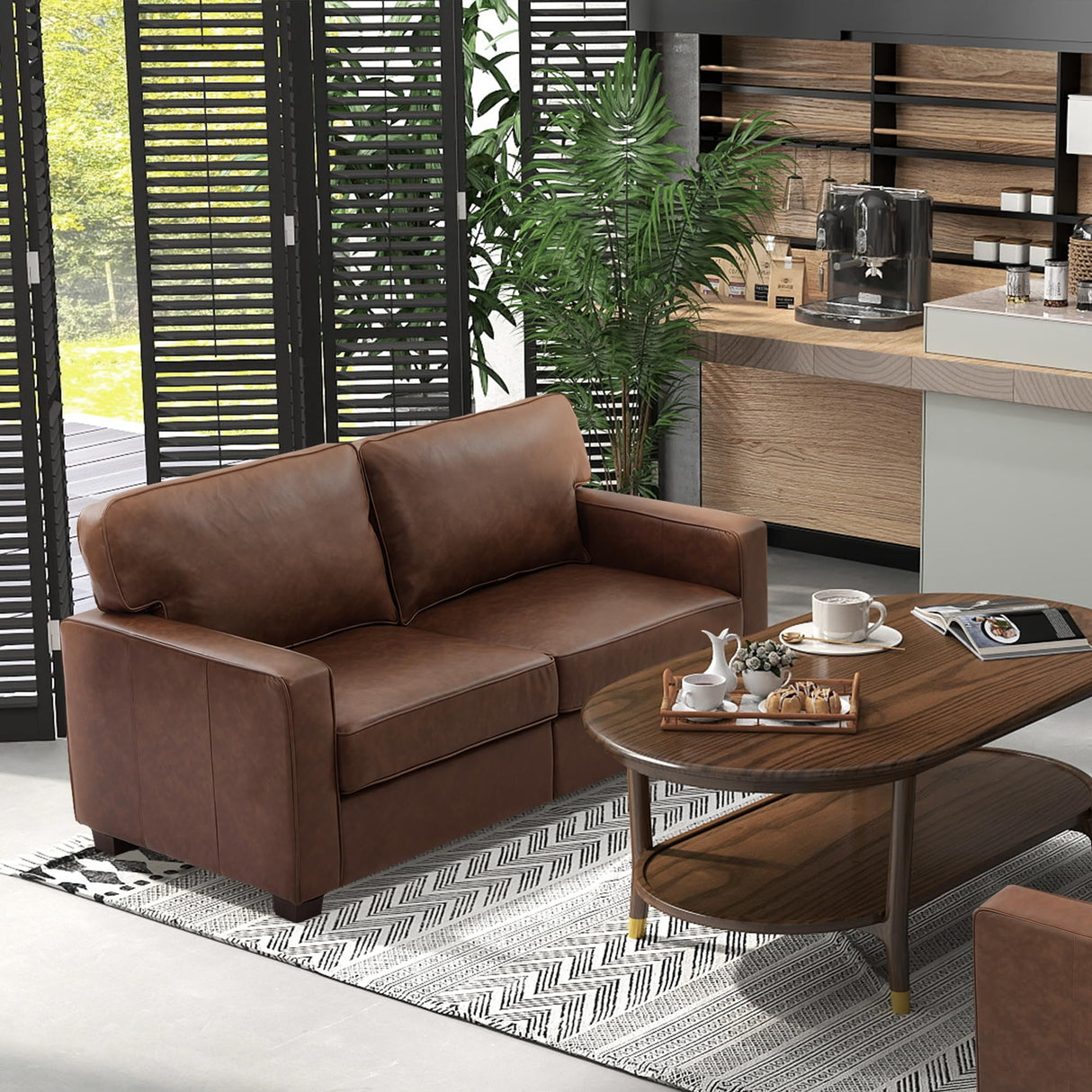 HXZDZ Mid-Century Modern PU Faux Leather Couch, Loveseat Sofa with Solid Wood Legs for Living Room, Bedroom, Office (66W), Brown HXZDZ