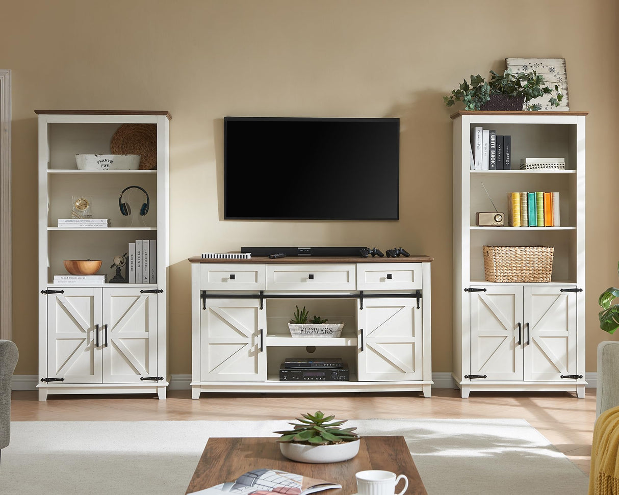 AMERLIFE Farmhouse Bookcase with Doors, 5 Shelf Bookshelf Storage Cabinet with Adjustable Shelves & Barn Door, Versatile Storage Pantry Cabinet for Bedroom, Living Room, Kitchen, Rustic White(2pcs) AMERLIFE