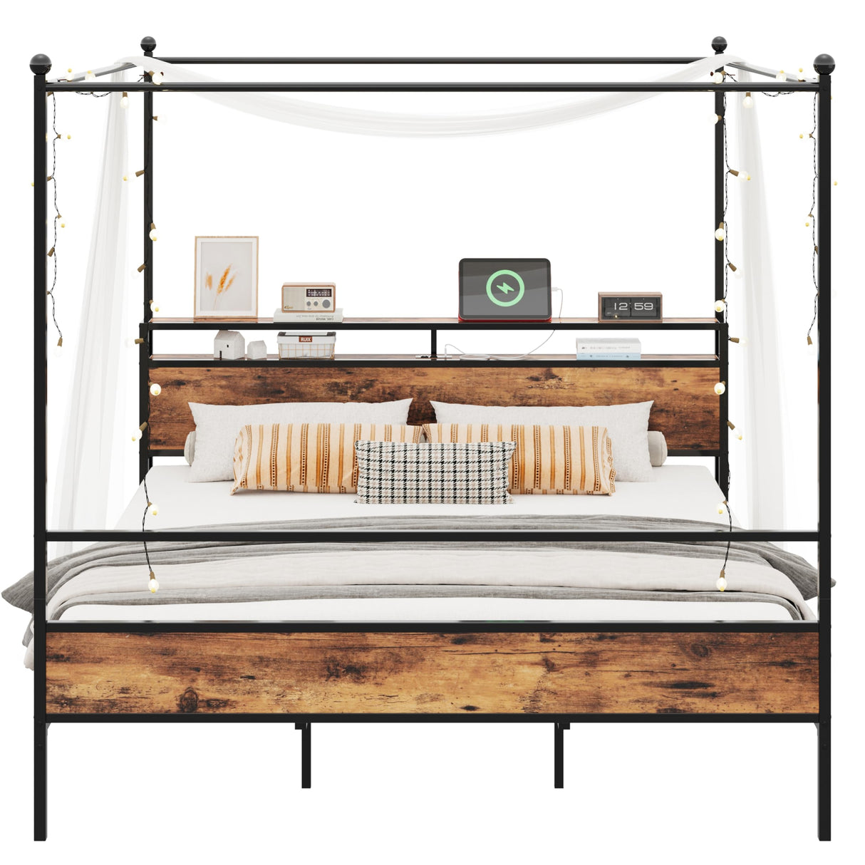 LIKIMIO Canopy Bed Frame King with Storage Headboard & Charging Station, Sturdy Metal Platform Bed with 4 Removable Posts, Dual Purpose Bed Frame, No Box Spring Needed, Noise Free LIKIMIO