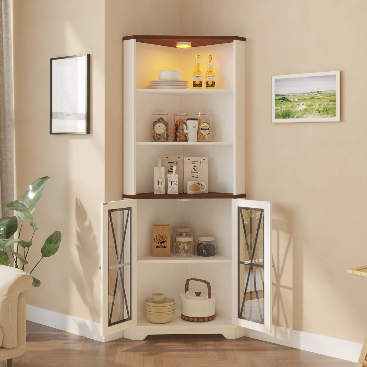 IRONCK 67" Tall Corner Bookcase with Magnetic Glass Doors,Wooden Corner Bookshelf with LED, Storage Cabinet for Home Office Living Room IRONCK