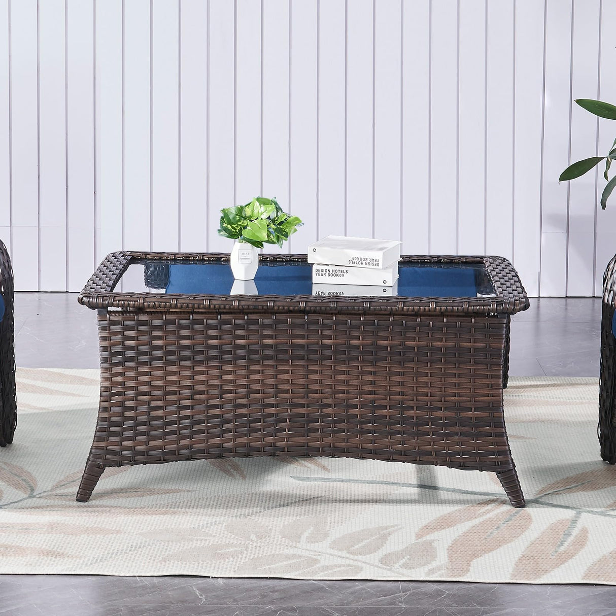 Belord Outdoor Coffee Table with Tempered Glass Top, Patio Rectangular Brown Wicker, Handwoven Rattan Coffee Table Compatible with Patio Furniture Sets for Porch Deck Backyard Belord