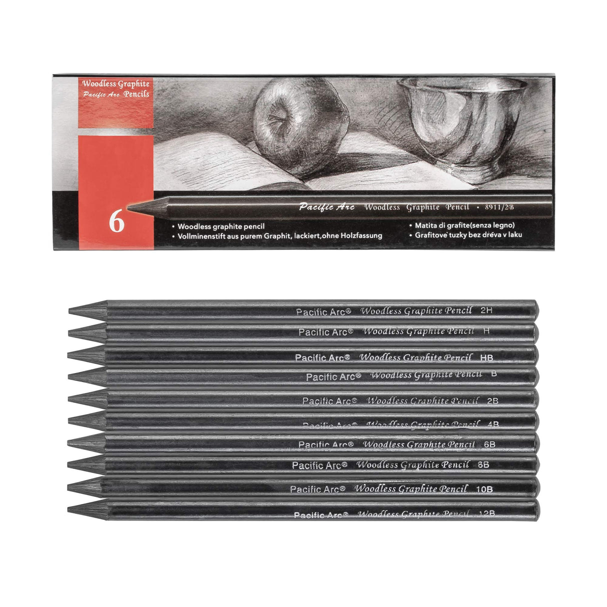 Pacific Arc Woodless Graphite Pencil 6 Pack Set, 12B, 10b, 8B, 6B, 4B, & 2B, for Sketching, Drawing, Coloring and Art Pacific Arc