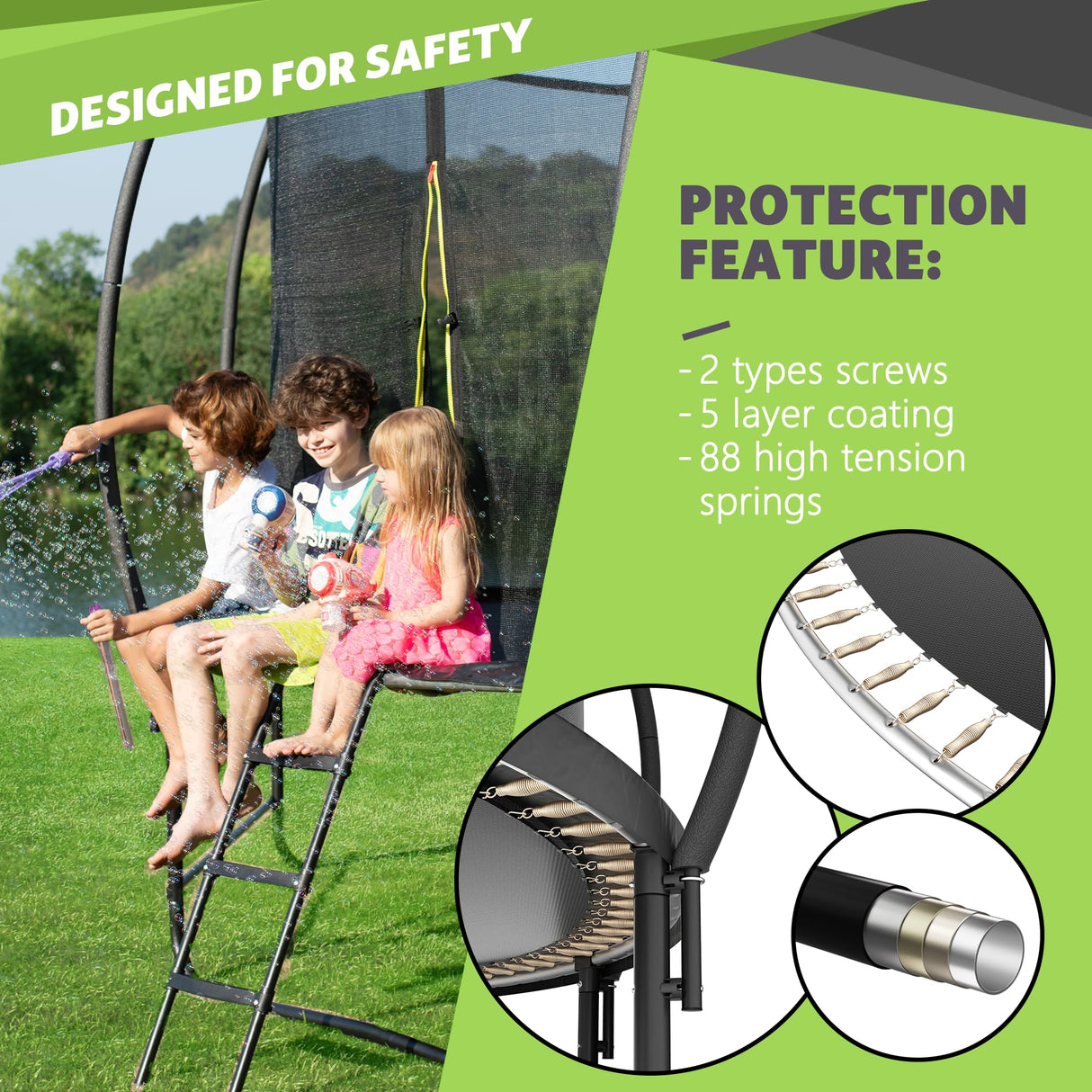 16FT Trampoline with Safety Enclosure, Anti-Rust Coating – ASTM Certified, Heavy-Duty Outdoor Trampoline with Ladder – for Kids & Adults, Black Calmmax