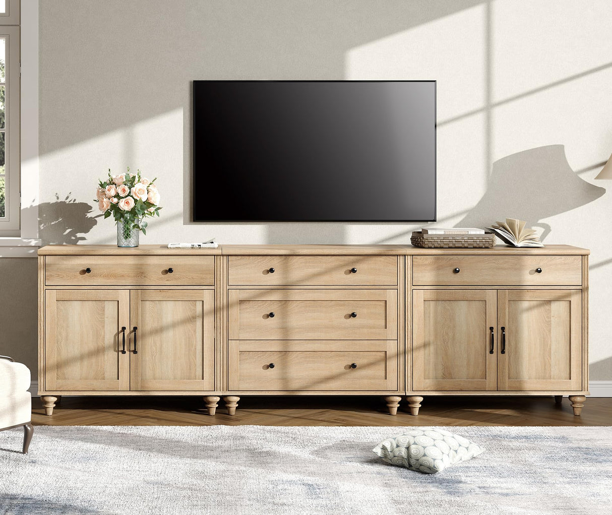 WAMPAT Farmhouse TV Stand for 100 Inch TV, 3-in-1 TV Console Table with 5 Drawers and 4 Doors, Entertainment Center for 75/80/85/90 Inch TV, Kitchen Sideboard Buffet Cabinet for Dining Room, Oak WAMPAT