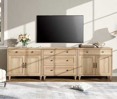 WAMPAT Farmhouse TV Stand for 100 Inch TV, 3-in-1 TV Console Table with 5 Drawers and 4 Doors, Entertainment Center for 75/80/85/90 Inch TV, Kitchen Sideboard Buffet Cabinet for Dining Room, Oak