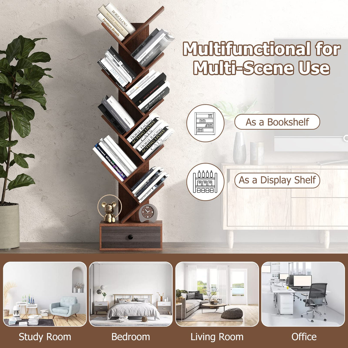 Giantex 10-Tier Tree Bookshelf with Drawer - 59" Freestanding Space Saving Wooden Bookcase, Retro Display Wood Storage Rack, Decorative Bookshelf with Storage for Living Room, Bedroom, Brown Giantex