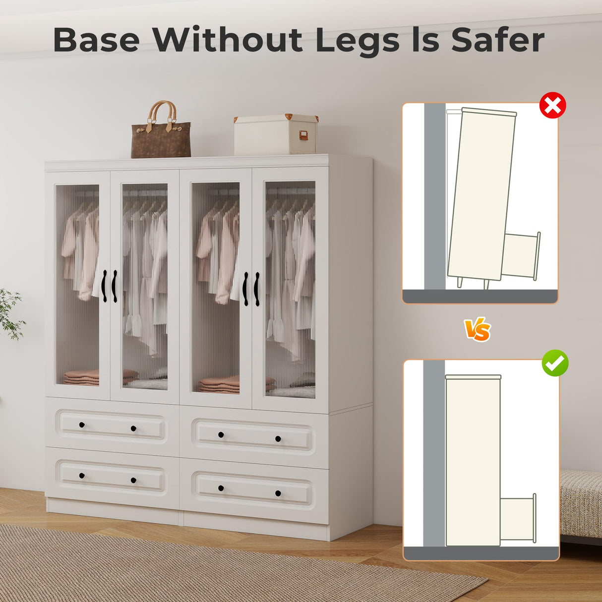 GraceGrove Armoire Wardrobe Closet with 4 Glass Doors and 4 Drawers, Closet Cabinet with and Hanging Rods and Storage, Wood Wardrobe for Bedroom, Tall Armoires and Wardrobes White GraceGrove