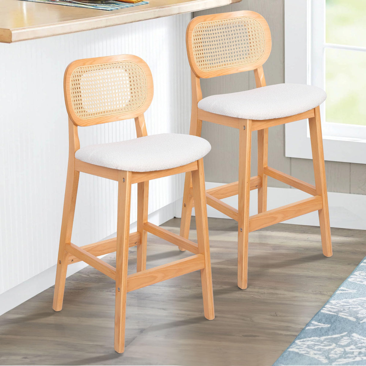 RUOVU Counter Height Bar Stools Set of 3, Rattan Barstools with Back and Natural Wood Frame, White Boucle Fabric Upholstered Bar Chairs, Mid Century Modern Farmhouse Counter Stool for Kitchen Island RUOVU