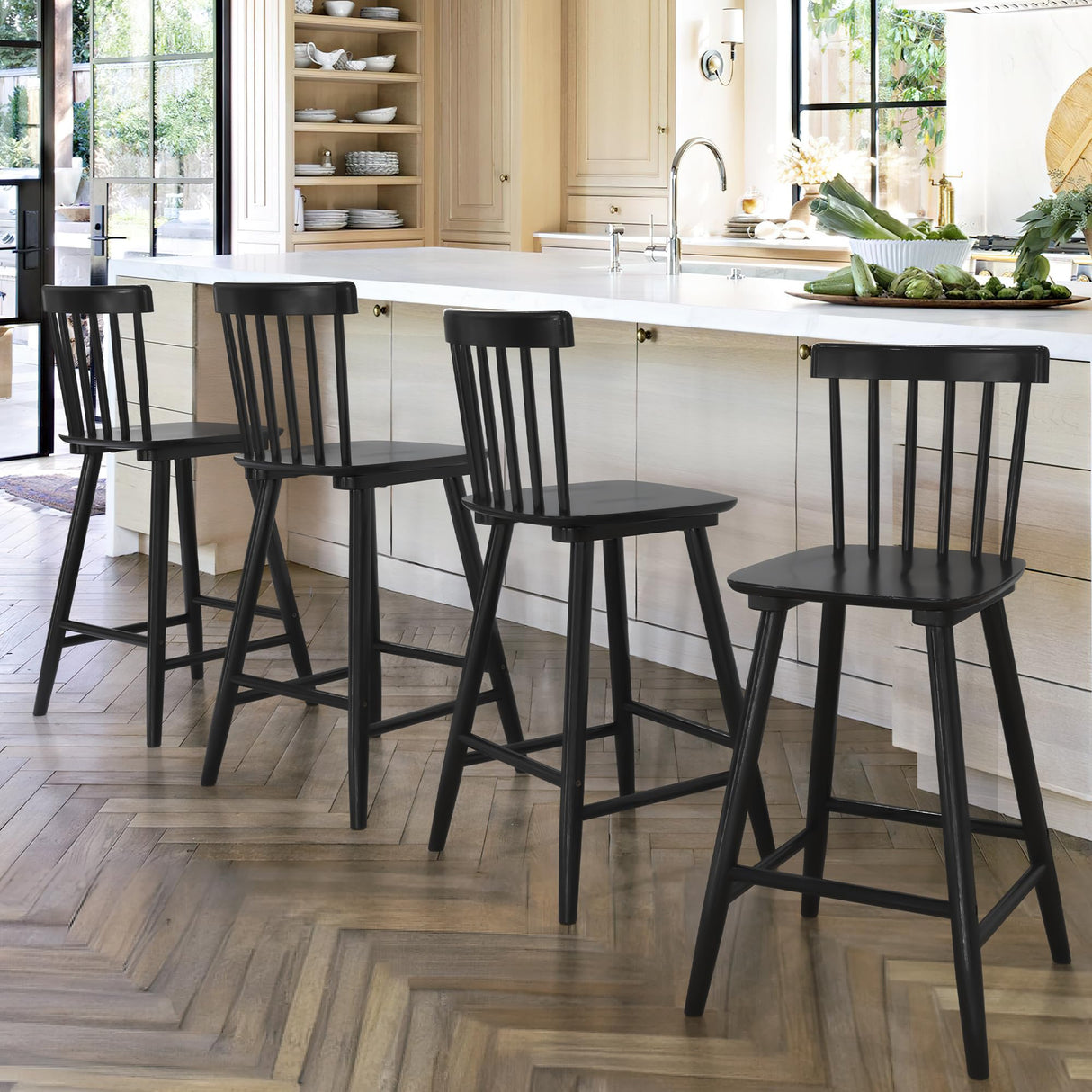 LUE BONA Windsor Wooden Bar Stools Set of 4 for Kitchen Island, Farmhouse 24 Inch Counter Height Stools Chairs with Spindle Back, Black LUE BONA