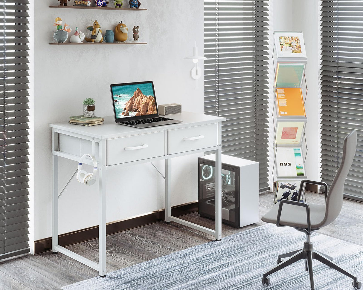 ODK Small Desk with Fabric Drawers- for Bedroom, White Vanity Desk with Storage, Home Office Computer Desk for Small Spaces, 32 Inch Modern Work Writing Study Table, White ODK