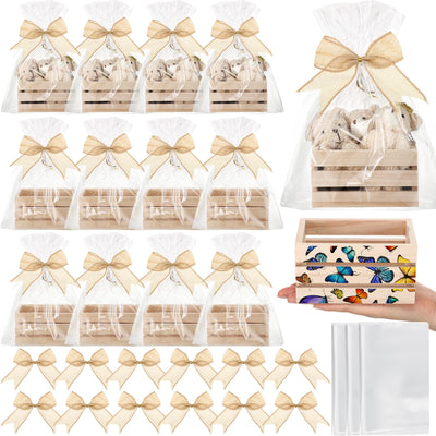 GlikCeil 12 Pcs Easter Gift Basket Empty Kit Small Wood Crates Unfinished Wooden Storage Box 12 Bows 12 Clear Treat Bags for Halloween, Thanksgiving, Christmas Craft Gift Basket Home Decor(Wood Color)