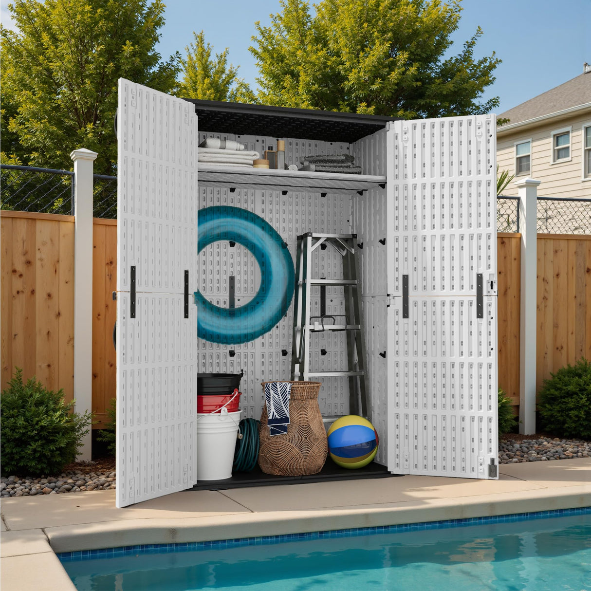 Devoko 50 Cu.ft Outdoor Storage Cabinet - Vertical Resin Storage Shed - Holds Patio Furniture, Pool Toys, Garden Tools (White) Shelf Not Included Devoko