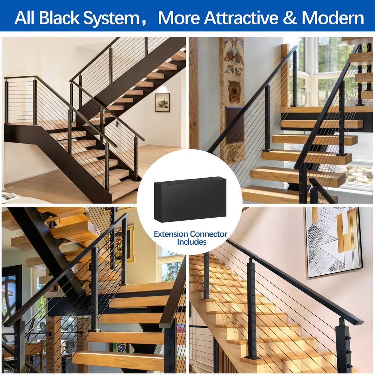 Zylorix 8ft-12ft Complete Set 36" Cable Railing System 33° Drilled, Black T304 Stainless Steel Angle Cable Railing Posts Kit with Adjustable Handrail Cable Rail for 25-35° Wood Concrete Stair Zylorix