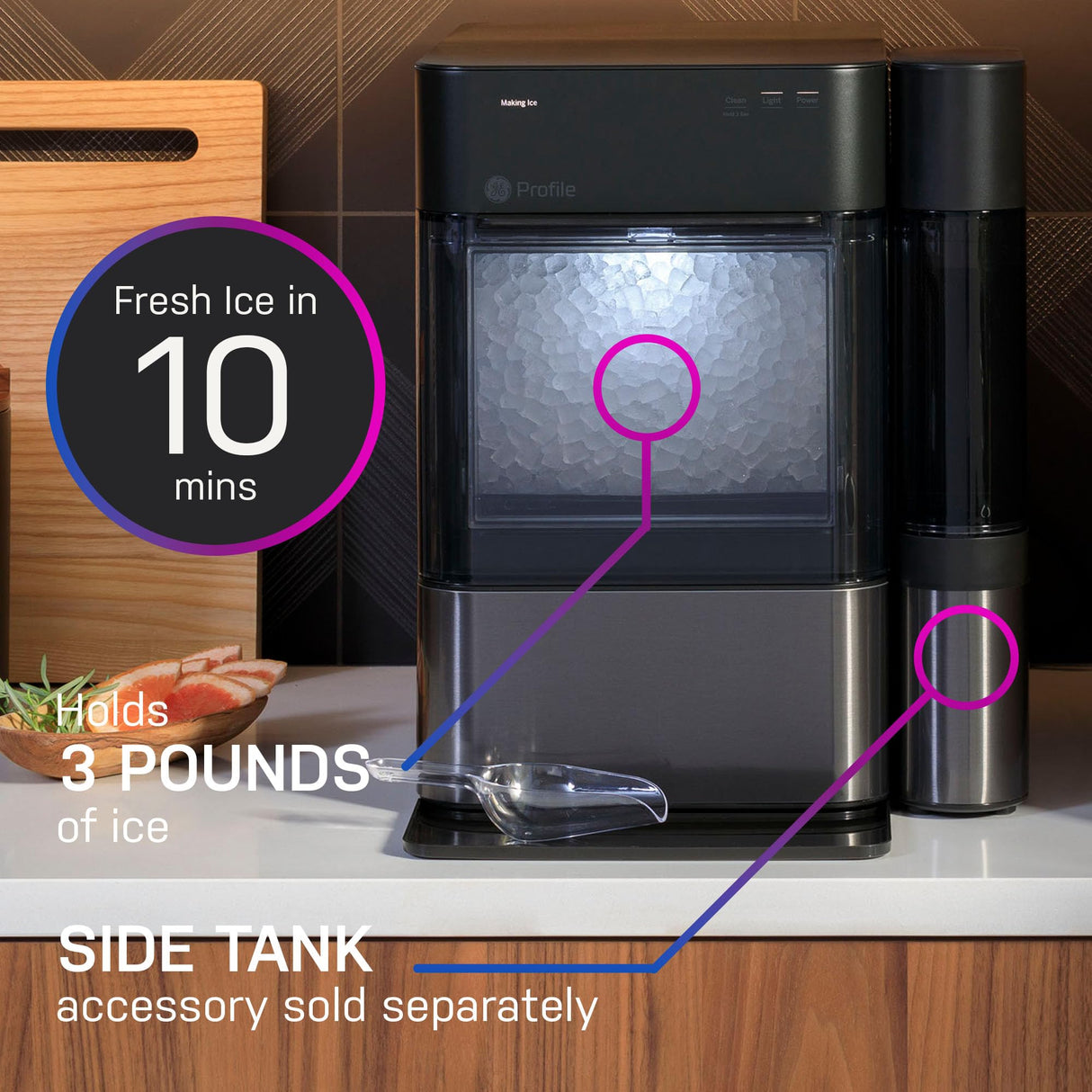 GE Profile Opal 2.0, Chewable Crunchable Countertop Nugget Ice Maker, Scoop included, 38 lbs in 24 hours, Pellet Ice Machine with WiFi & Smart Connected, Black Stainless Steel Profile