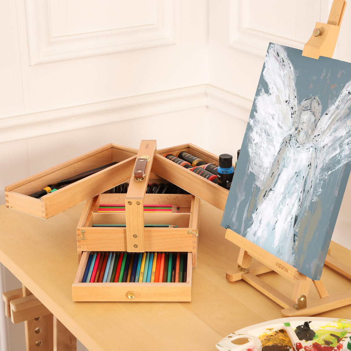 VISWIN Multi-Function Artist Storage Box, Portable Solid Beech Wooden Tool Box with Drawer, Three Layers Art Supplies Storage Box for Paint Brush, Pen, Pastel, Paining Supplies, 13 1/2" x9 1/2"x5" VISWIN