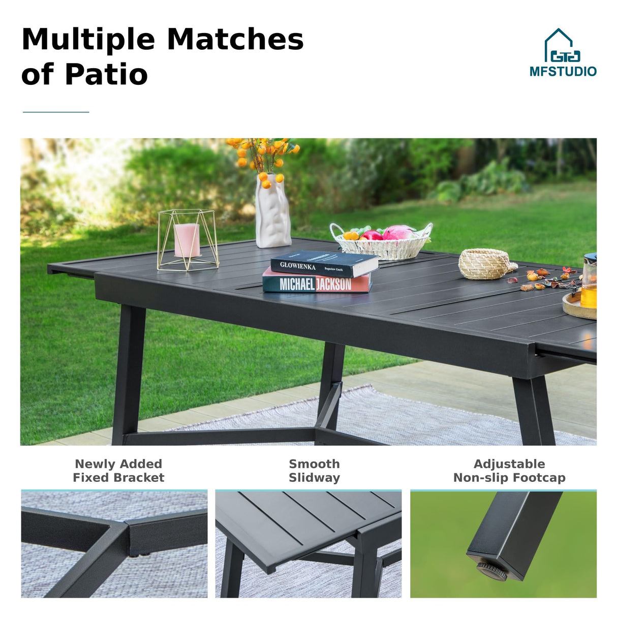 MFSTUDIO 9PCS Outdoor Patio Dining Set, Outdoor Table Chair Set with 1 Large Rectangular Expandable Table, 8 Armrest Chairs Include 6 Fixed and 2 Swivel Chair with Removable Cushions MFSTUDIO