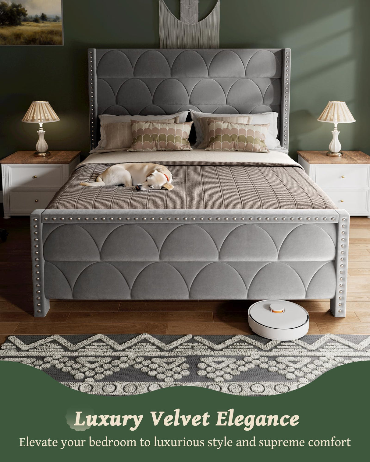 OHOHOLIVE Queen Size Bed Frame with 56" Headboard - 1000LBS Capacity Support, Velvet Upholstered Wingback Platform Bed Frame, Noise Free, Sturdy Wooden Slat Support OHOHOLIVE