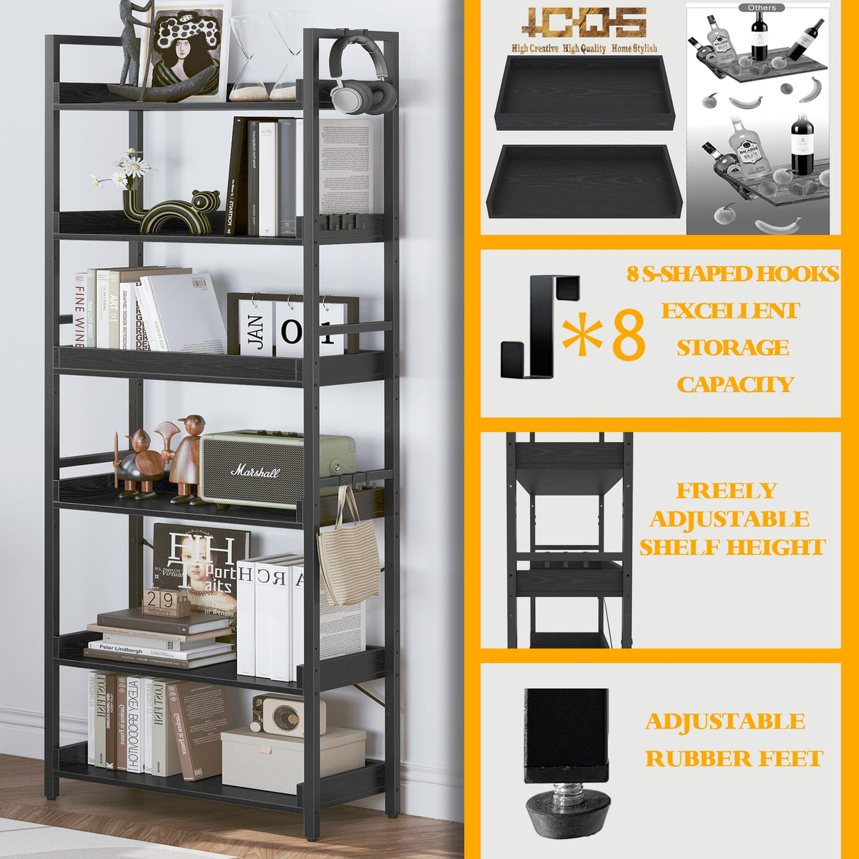 HCHQHS 6 Tier Bookshelf, Adjustable Industrial Bookcase, Vertical Tall Book Shelf, Wood and Black Metal Open Bookshelves for Home Office, Living Room, Bedroom, 70 Inch HCHQHS