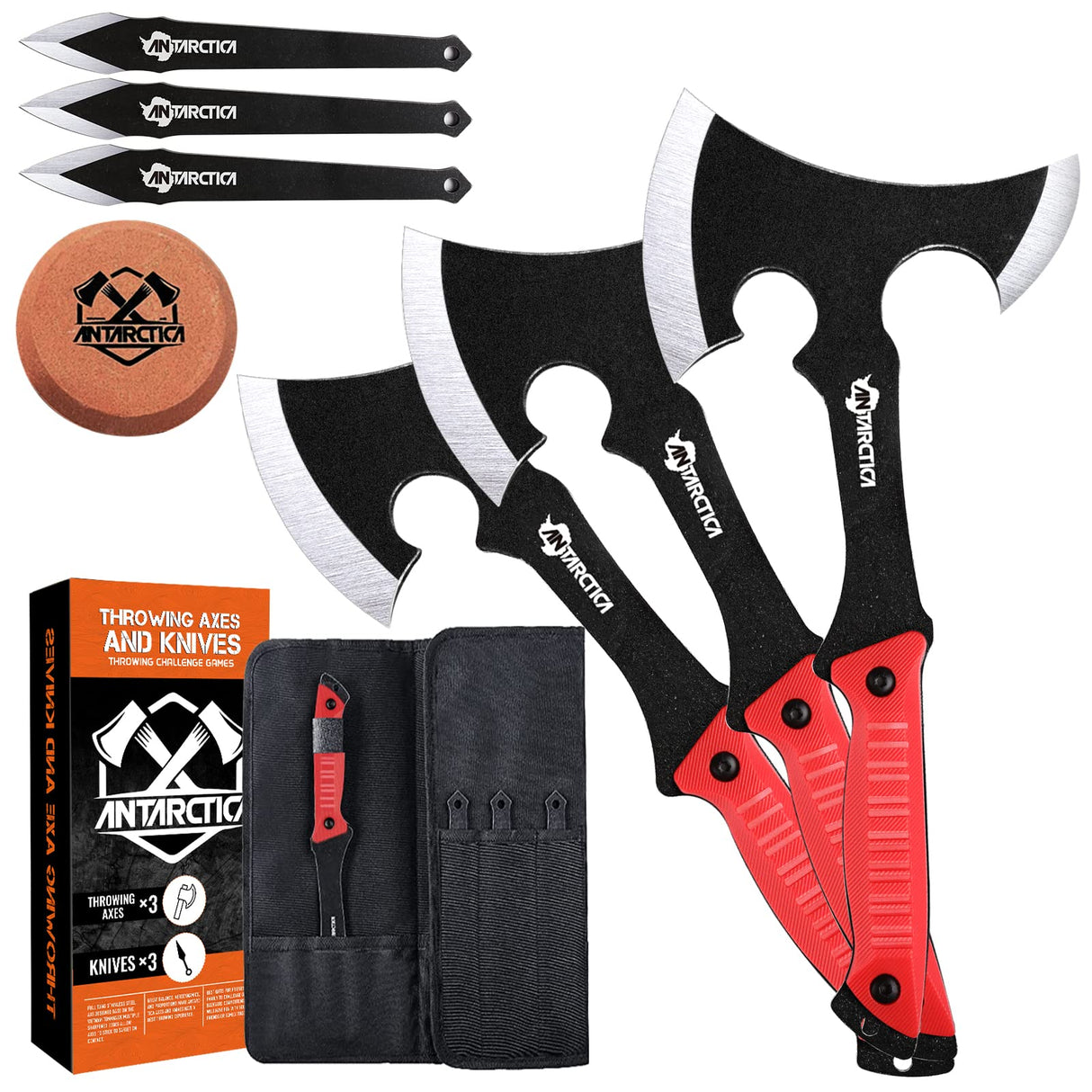 ANTARCTICA Throwing Axes and Throwing Knives Set 3 Pack 11" Full Tang Stainless Steel Tomahawks and Throwing Knives with Whetstone Tool Sharpener Well-Balanced Throwing Axes for Beginners ANTARCTICA
