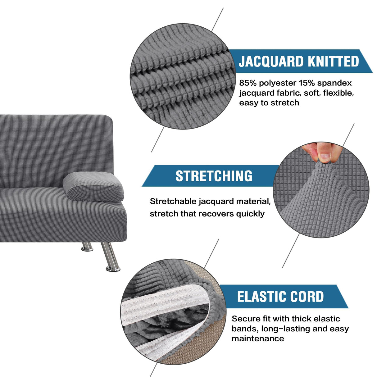 H.VERSAILTEX 4 Pieces Stretch Futon Covers Sofa Bed Slipcover with Removable Armrests and Cupholders Covers Furniture Protector High Spandex Small Checks Jacquard Fabric, Grey H.VERSAILTEX
