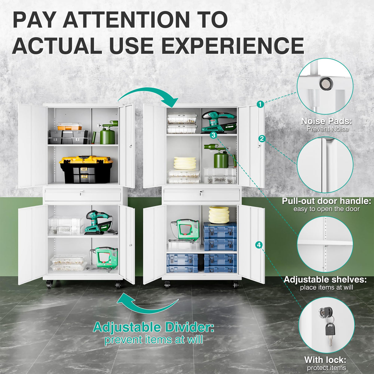 SISESOL White Metal Storage Cabinet with 4 Wheels and 1 Drawer,Rolling Garage Cabinet with Locking Doors and Adjustable Shelves,73" Mobile Tall Large Metal Cabinet for Home,Office,Garage,Shop SISESOL