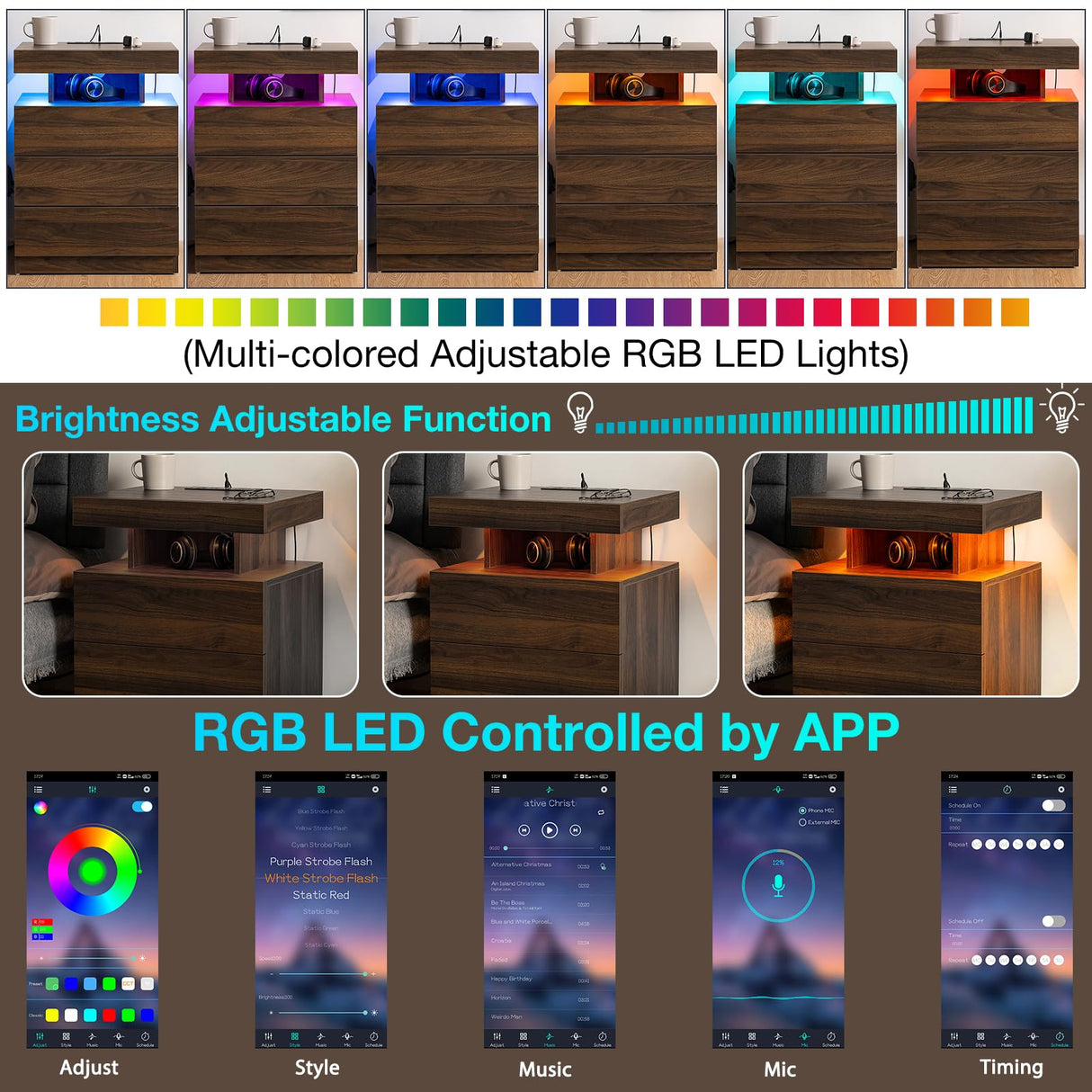 HOMMPA Set of 2 LED Nightstands with Wireless Charging Station Dark Walnut Bedside Table with Led Light Smart Nightstand USB Port 3 Drawers Night Table Mid Century Wood Night Stand Tall for Bedroom HOMMPA