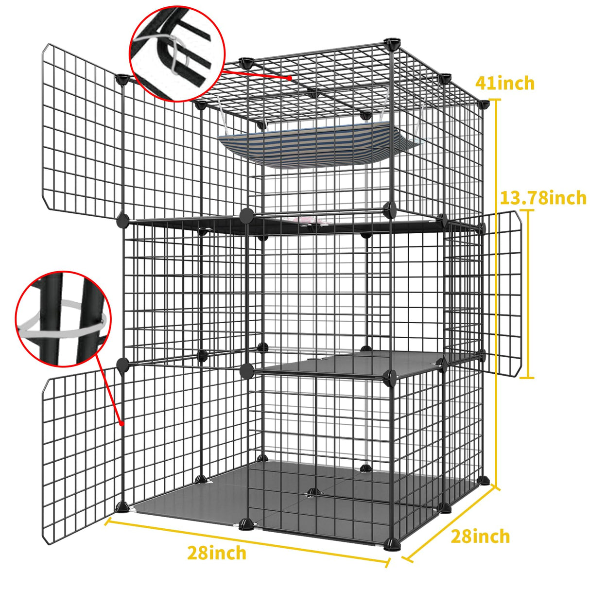 Eiiel 3-Tier Cat Cage Indoor Enclosure DIY Cat Playpen Catio Detachable Metal Wire Kennels 2Lx2Wx3H Crate Large Exercise Place Ideal for 1-2 Cats, Black Eiiel