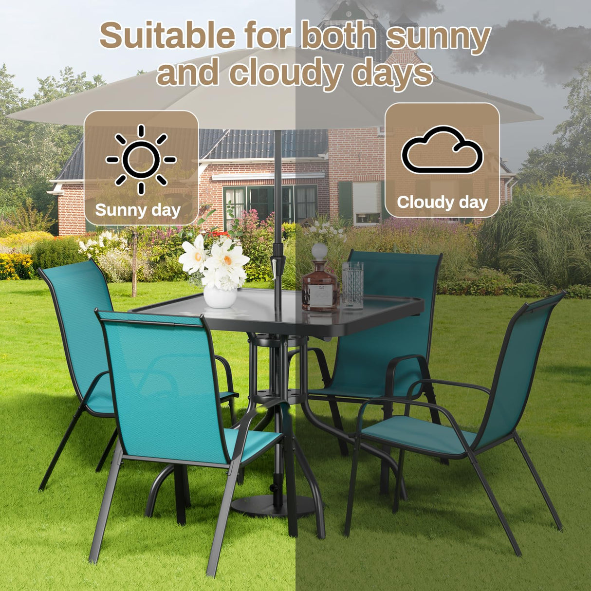 TLSUNNY Patio Dining Set 5 Pieces, All Weather Outdoor Furniture W/30"X 30" Table and 4 Stackable Textilene Chairs, Metal Table and Chairs for Lawn, Garden, Poolside, Backyard (Umbrella not Included) TLSUNNY