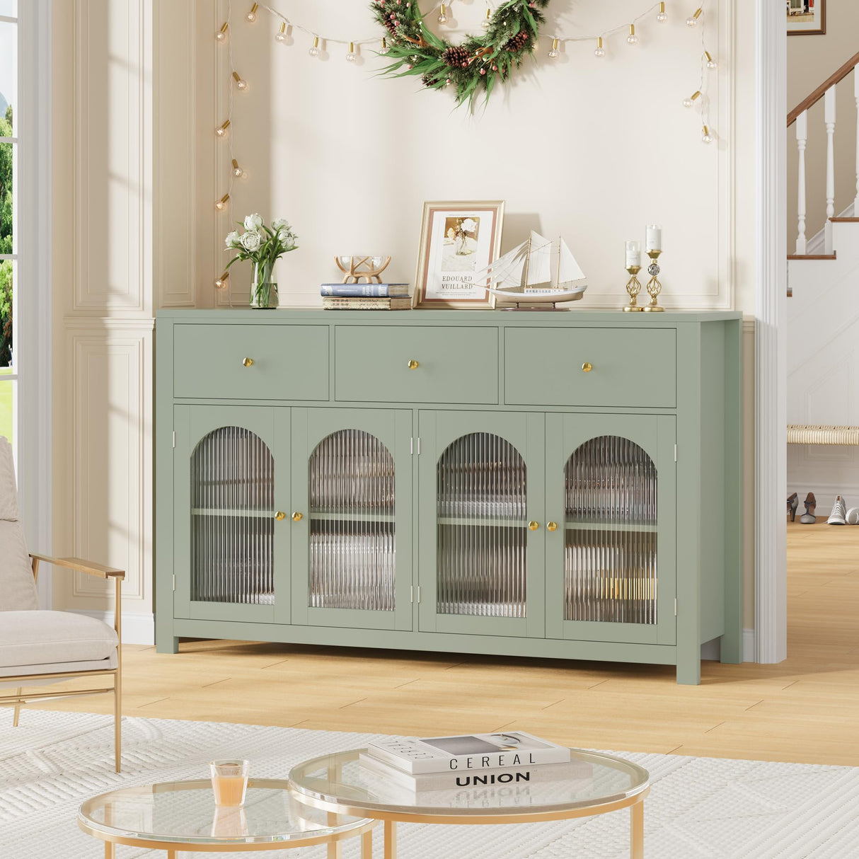 FINETONES Buffet Cabinet with Storage, 55.1" Large Sideboard Buffet, Farmhouse Kitchen Cabinet with 3 Drawers and 4 Doors, Wood Coffee Bar Table for Kitchen, Green FINETONES