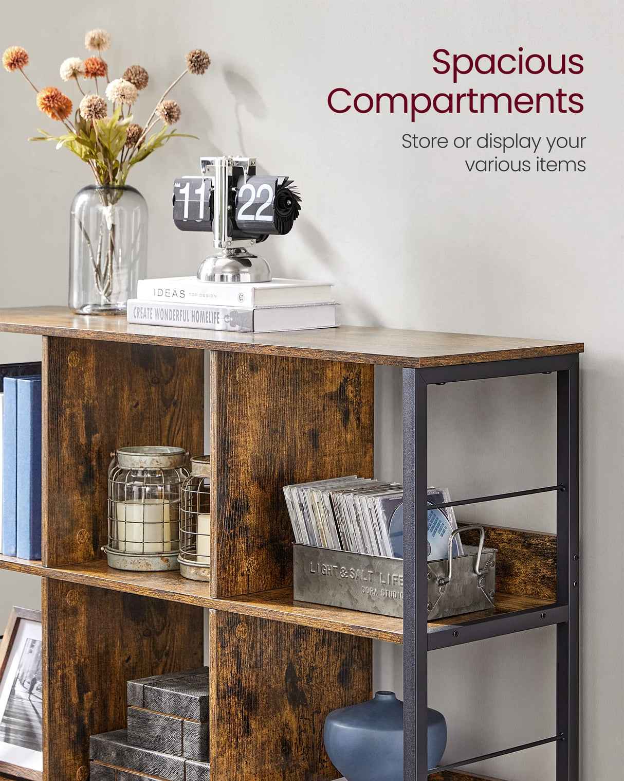 VASAGLE Bookshelf, Bookcase, 9 Cubes Storage Organizer, Industrial Open Display Shelf, for Bedroom, Office, Living Room, Metal Frame, Rustic Brown and Black ULLS112B01 VASAGLE