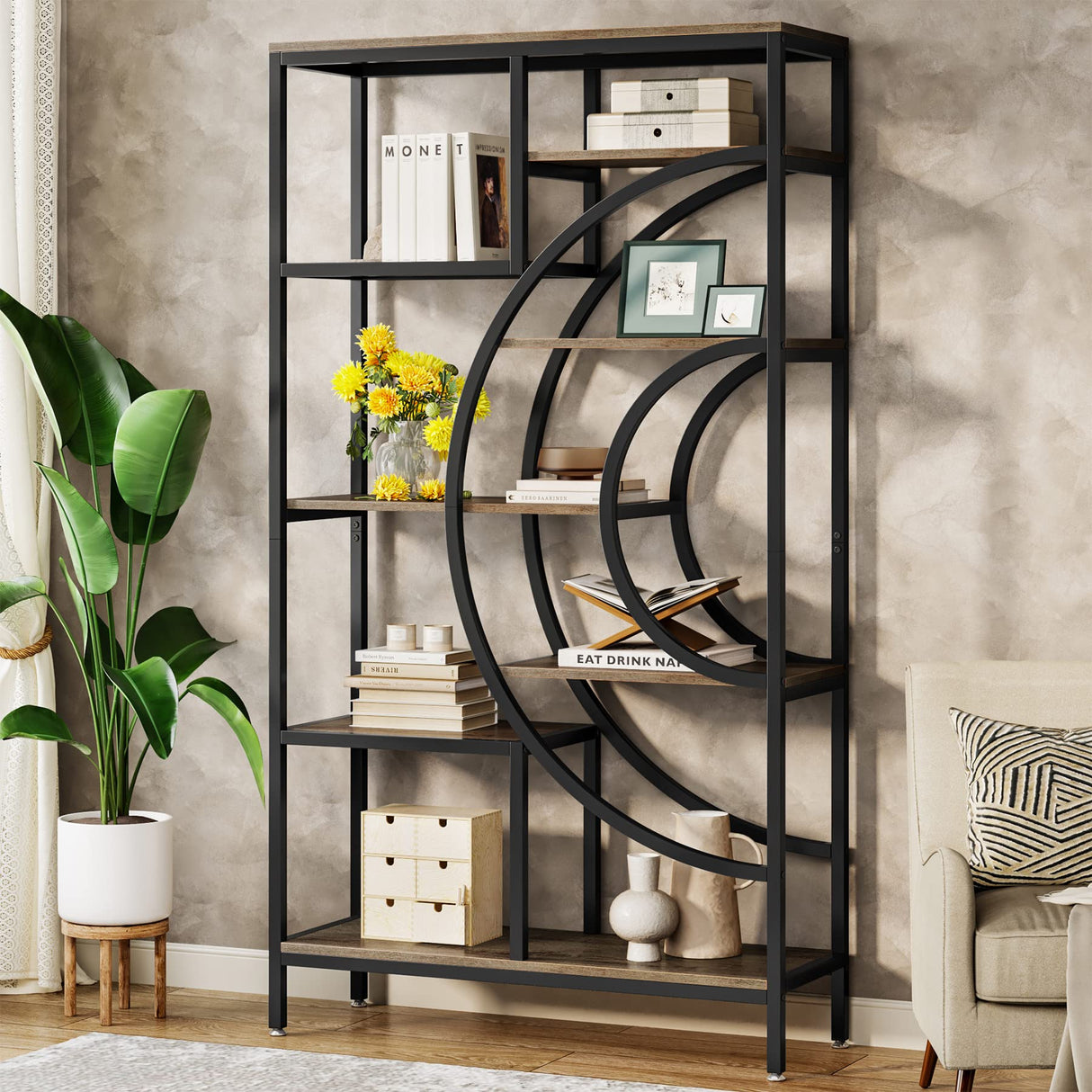 Tribesigns 71-Inch Geometric Industrial Bookcase with 8 Tiers and Metal Frame for Elegant Open Storage Tribesigns