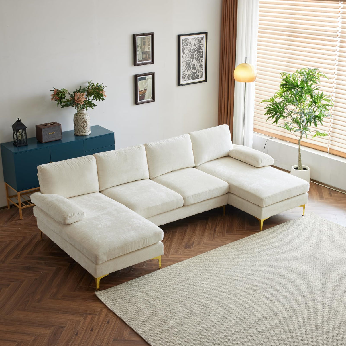 Karl home Convertible Sectional Sofa 110" U-Shape Sofa Couch 4-Seat Couch with Chaise ChenilleFabric Upholstered for Living Room, Apartment, Office, Creamy White Karl home