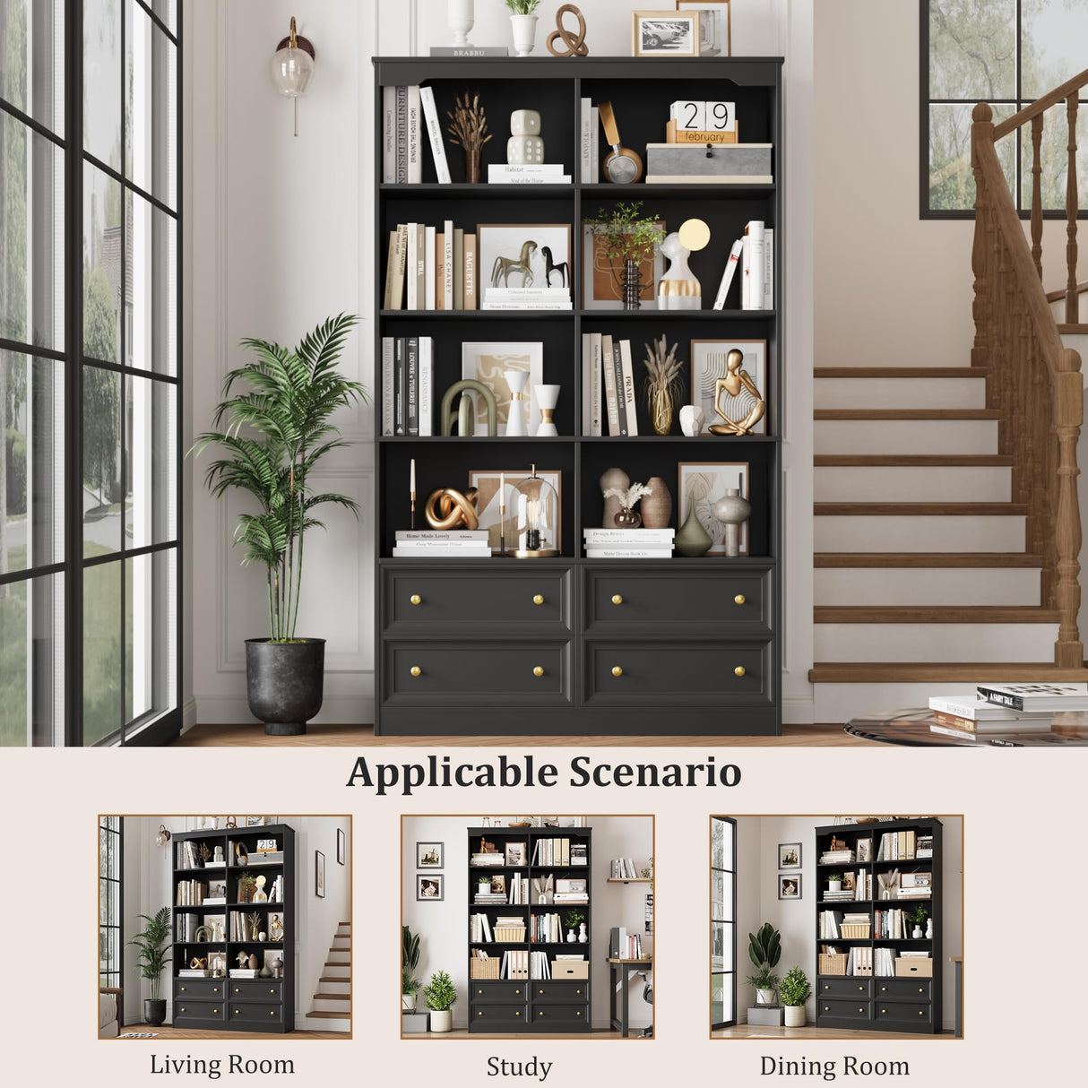 FINETONES 71" Black Bookshelf with 4 Drawers, 6-Tier Double Wide Bookshelf and Bookcase with Storage, Tall Bookshelf Large Open Bookshelf Standing Book Cabinet for Home Office, Black FINETONES