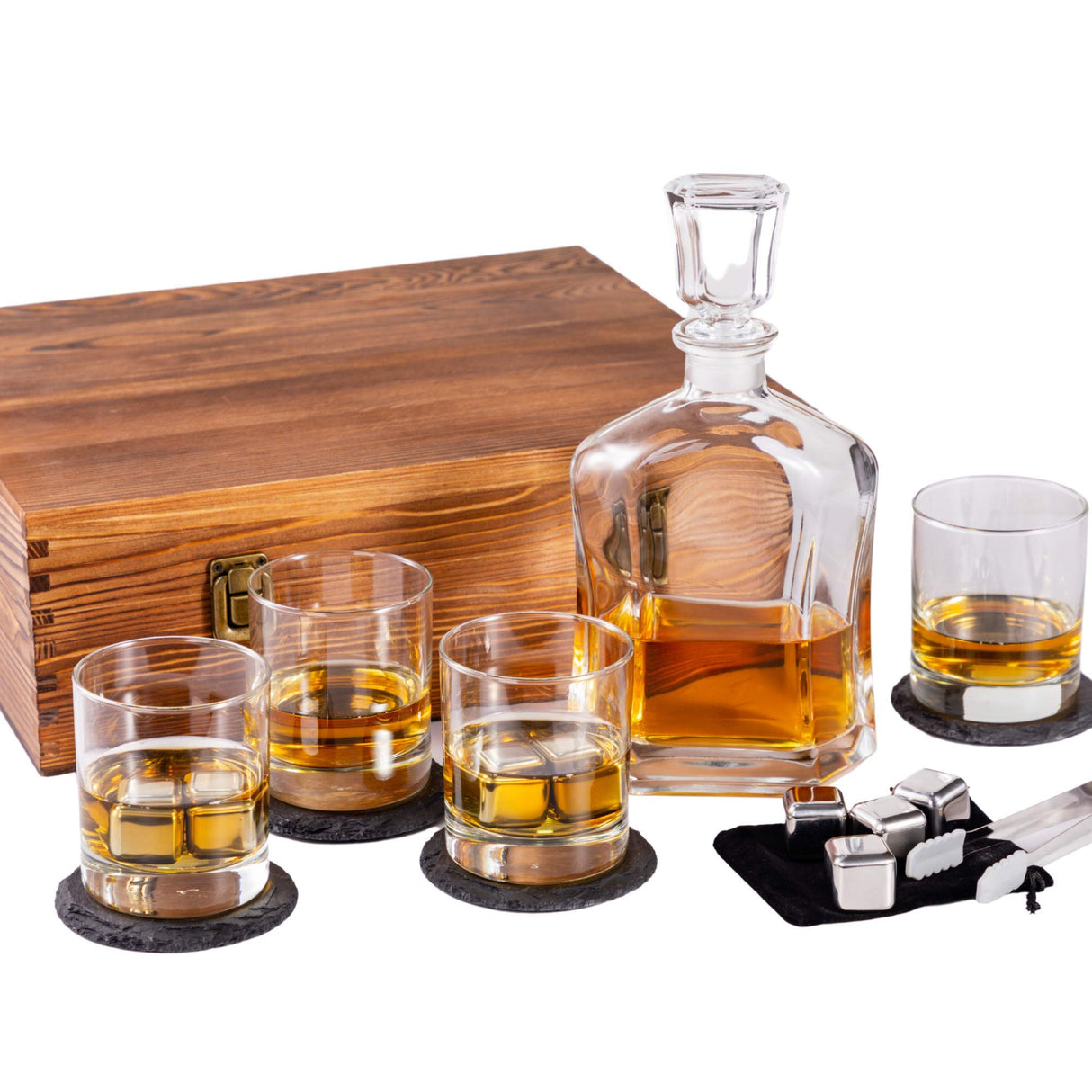 Whiskey Decanter Set in Wooden Gift Box - Includes Decanter, 4 Scotch Glasses, 4 Natural Slate Coasters, 8 Chilling Stones & Rubber Grip Tongs - Great Mens Home Bar Gift for Him, Husband, Dad Froolu