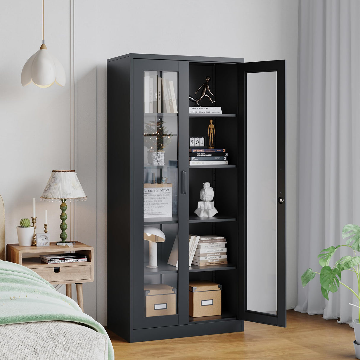 LISSIMO Glass Display Cabinet with 4 Adjustable Shelves, 71" Tall Curio Cabine with Tempered Glass Door, Liquor Cabinet with Lock, 5-Tier Bookcase Storage Cabinet for Home, Study, Living Room (Black) LISSIMO