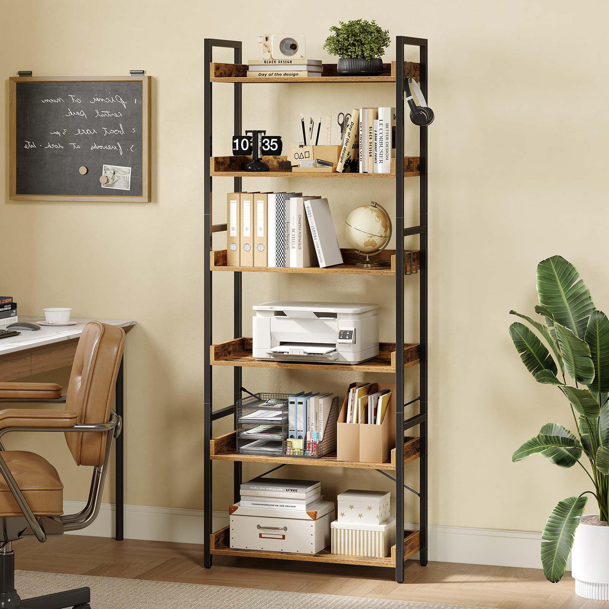 Rolanstar Bookshelf 6 Tier with 4 Hooks, Industrial Wood Bookcase, Vintage Storage Rack with Open Shelves, Rustic Standing Bookshelves Metal Frame Display Rack for Living Room, Bedroom, Rustic Brown Rolanstar