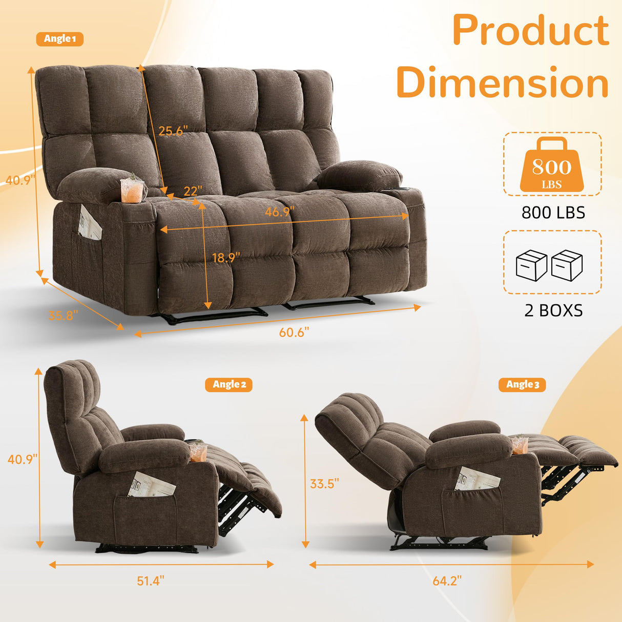 Sofetura Oversized Loveseat Recliner Sofa, Big Large Reclining Sofa with Cup Holders & Side Pockets, Traditional 2-Seater Manual Recliner Couch for Living Room, RV, Home Theater (Fabric, Brown) Sofetura
