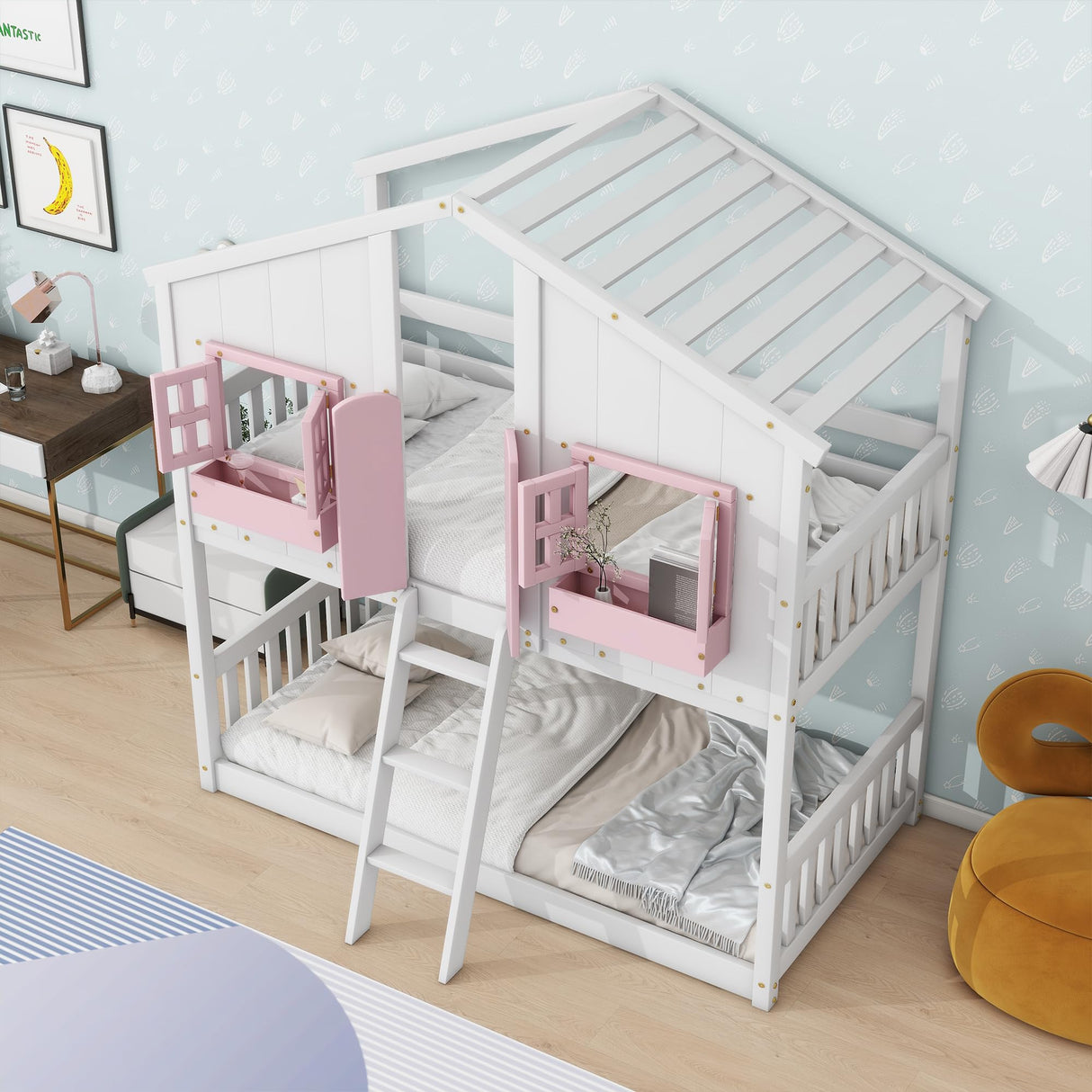 Bellemave Twin Over Twin House Bunk Bed, Wood Bunk Beds with Roof, Windows, Window Box and Small Door, Floor Bunk Beds with Ladder and Guard Rails for Kids (Pink+White) Bellemave