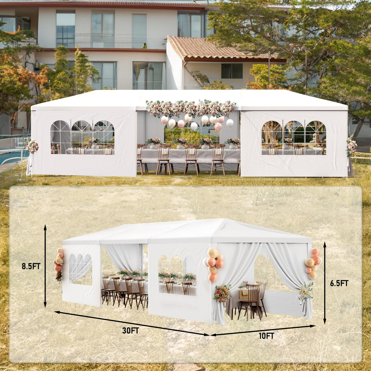 Party Tent 10x30 Outdoor Wedding White Tents for Parties, Heavy Duty Canopy Event Tents for Parties Gazebo Shelter with 7 Removable Sidewalls Waterproof Party Wedding BBQ Events Tent Shelter susici