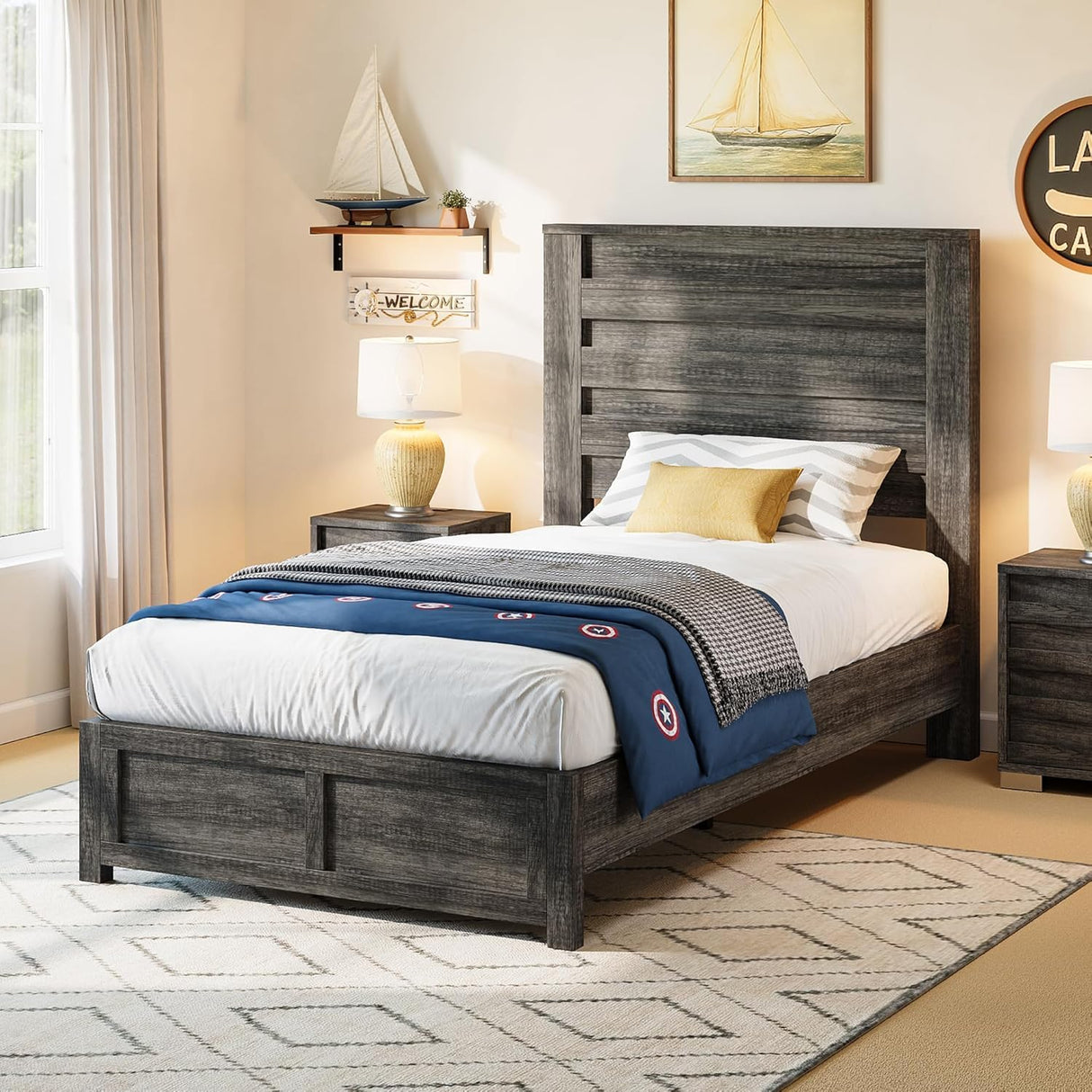 AMERLIFE Farmhouse Twin Platform Bed Frame with 49" Fluted Headboard, Wooden Bed with Natural Grain Finish, Noise-Free, No Box Spring Required, Easy Assembly, Grey AMERLIFE