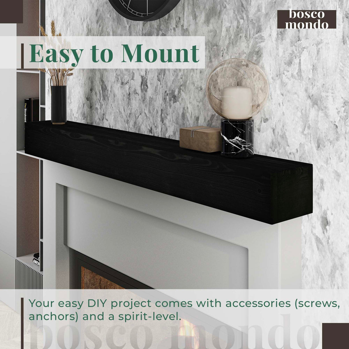 BoscoMondo Fireplace Mantel, Handcrafted Rustic from Solid Pine, Wall-Mounted Floating Farmhouse Shelf - 8x6x60 Deep Black BoscoMondo