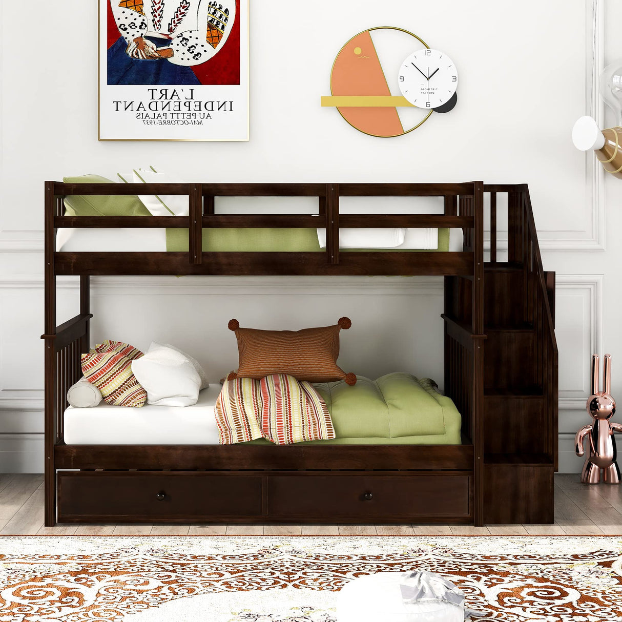 Merax Twin-Over-Twin Bunk Bed with Twin Size Trundle, Soild Wood Stairway Bunk Bed with Storage and Guard Rail for Teens, Adults, Espresso Merax