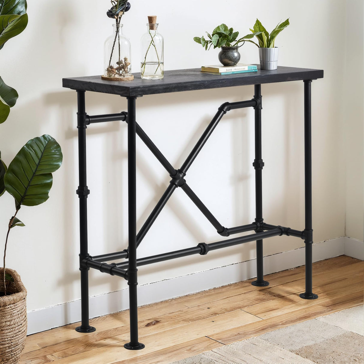 Narrow Industrial Bar Table in Rustic Walnut - 47.24" High Top for Small Spaces LOKKHAN