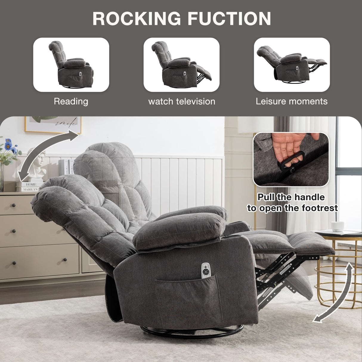 Oversized Massage Swivel Recliner Chair with Lumbar Heating for Living Room Rocker Recliner Single Sofa with Cup Holders and USB Charge Port, Large Big Chair Recliners for Adult MAHOMICO