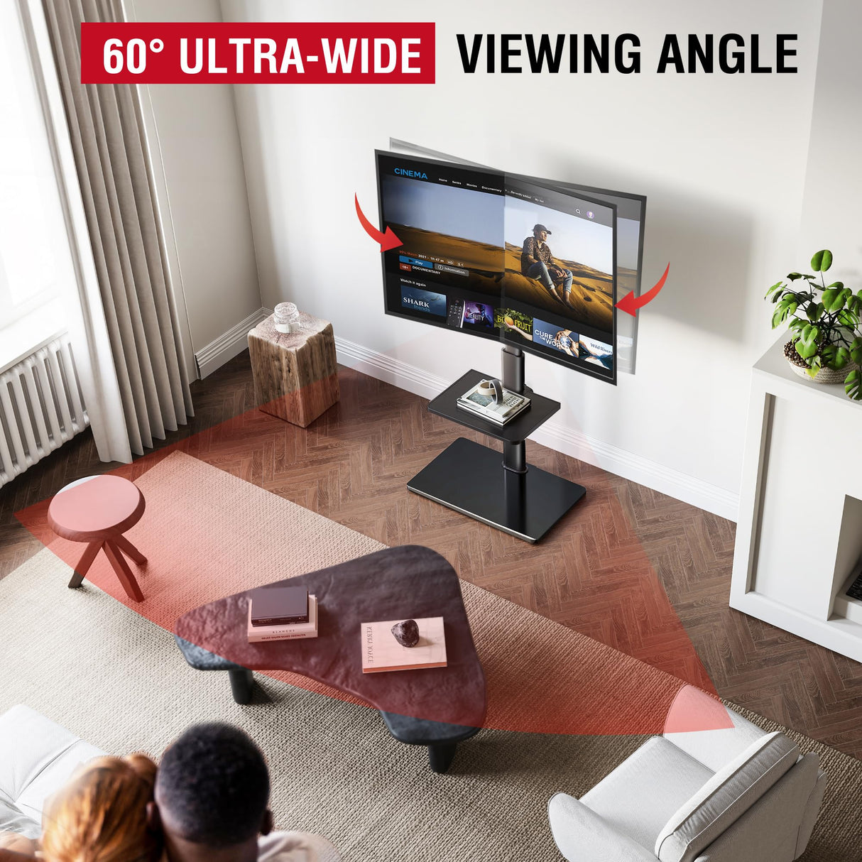 AOKCOS Floor TV Stand with 60-Degree Swivel, TV Floor Stand for 32-65 inch TVs up to 88lbs with Tilt, 8 Level Height Adjustable Tall TV Mount Stand with Shelf, Tempered Glass Base, MAX VESA 400x400mm AOKCOS