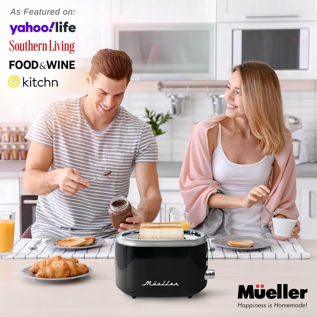 Mueller Retro Toaster 2 Slice with 7 Browning Levels and 3 Functions: Reheat, Defrost & Cancel, Stainless Steel Features, Removable Crumb Tray, Under Base Cord Storage, Black MÜELLERHOME