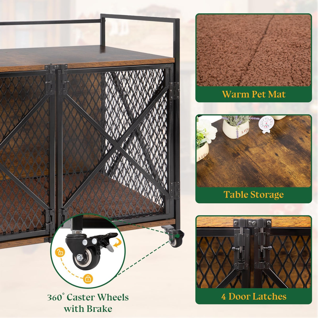 31'' Dog Crate Furniture, Wooden Dog Crates for Medium Dogs, Heavy Duty Dog Kennel Indoor with Lockable Wheels, Furniture Style Dog Cage for Living Room,Rustic Brown Gowoodhut