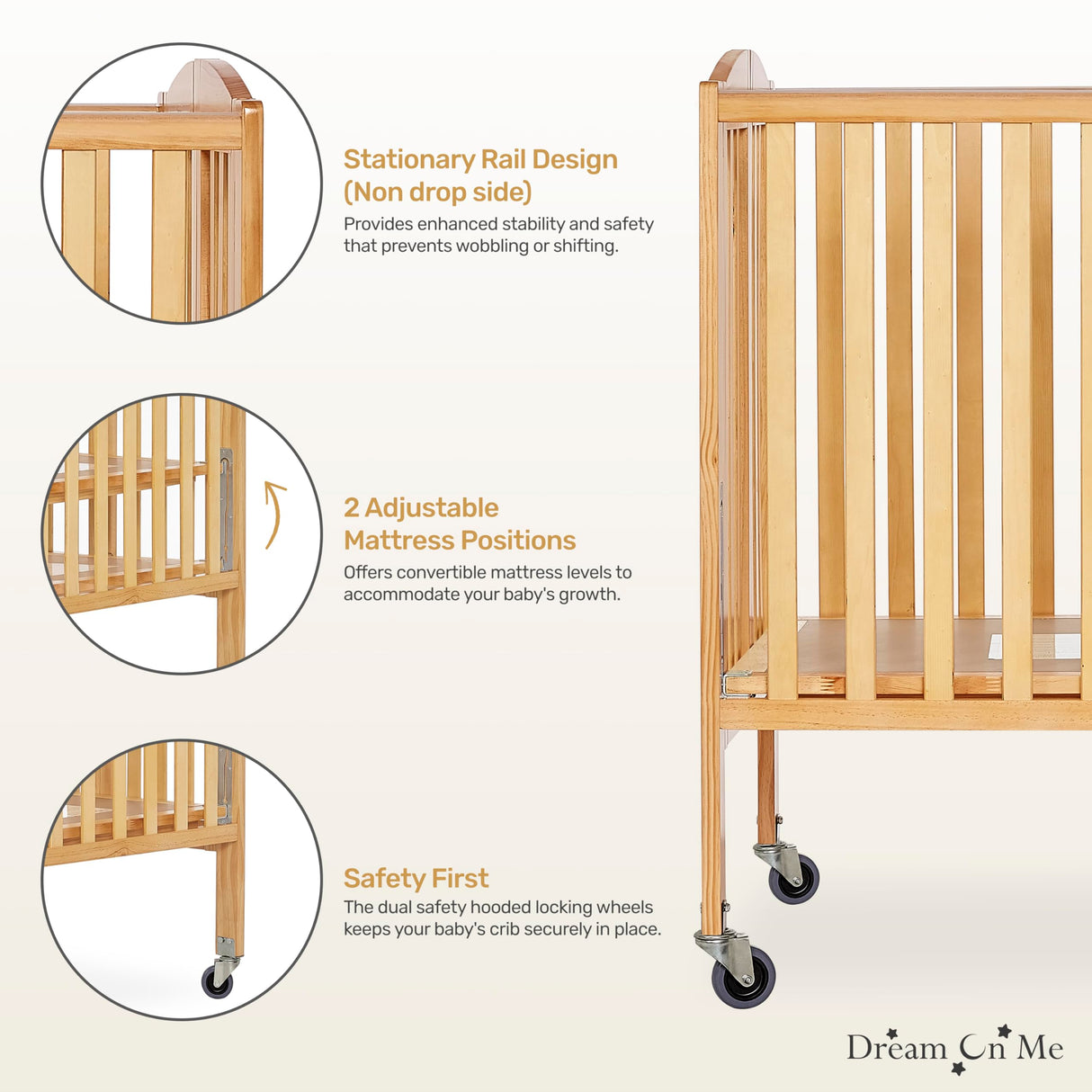 Dream On Me Folding Full Size Convenience Crib In Natural, Two Adjustable Mattress Height Positions, Comes With Heavy Duty Locking Wheels, Flat Folding Dream On Me