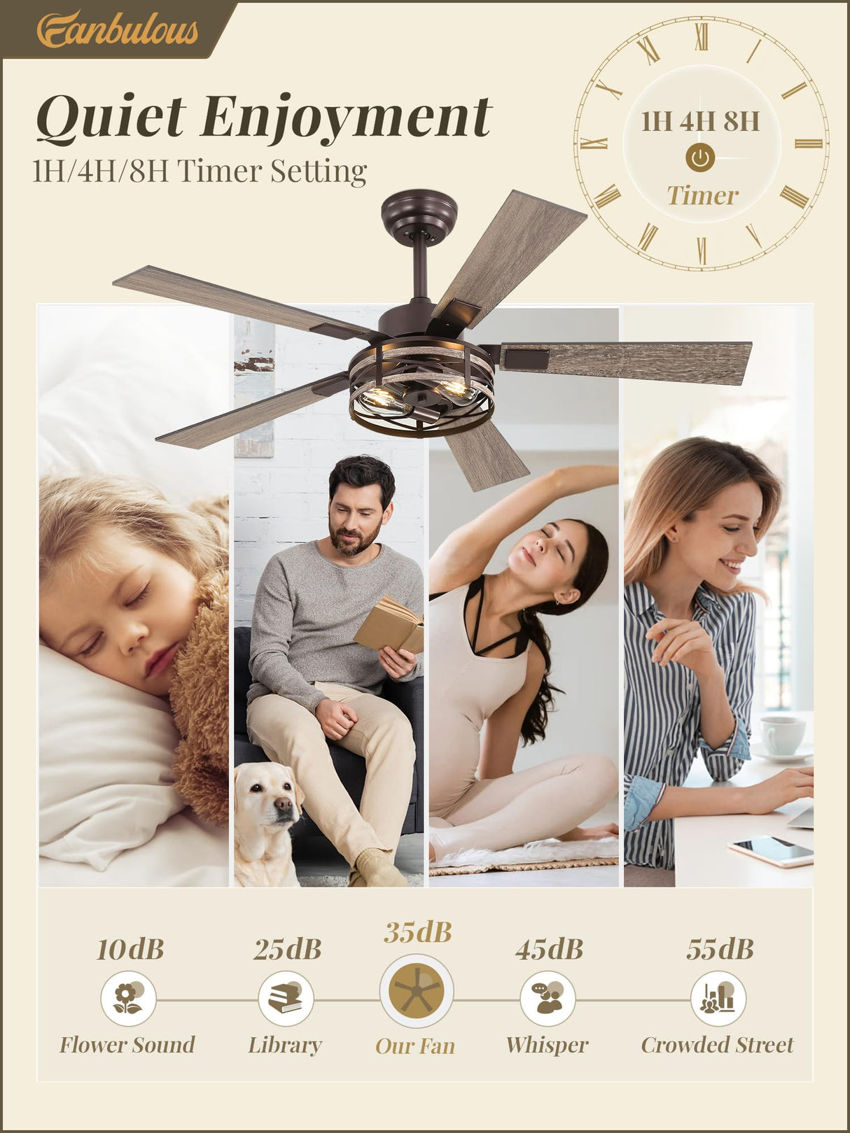 Farmhouse Ceiling Fans with Light, 48 Inch Bedroom Ceiling Fan with Lights, 6-Speed Adjustable, Quiet and Reversible DC Motor, 5 Dual Finish Blades, Rustic Caged Ceiling Fan,Oil Bronze Fanbulous