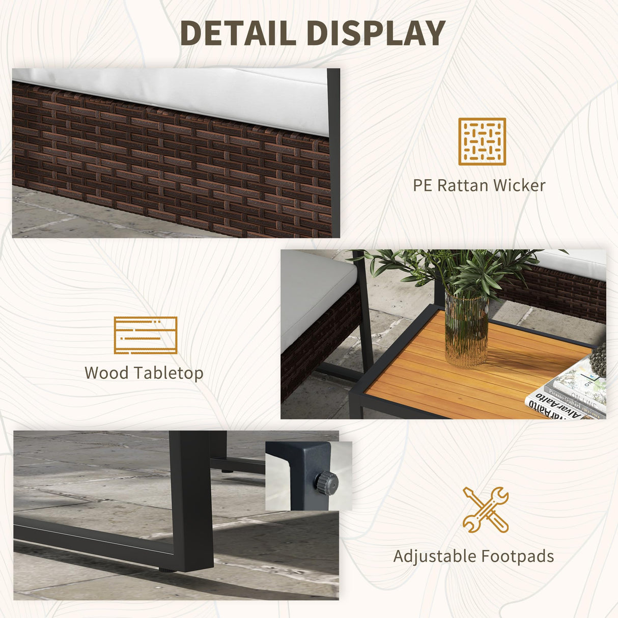 Outsunny 4 Piece Patio Furniture Set with 2 Chairs, Loveseat Sofa, Wood Table, Rattan Motifs, Tufted Cushions, Outdoor Conversation Set for Backyard, Lawn and Pool, White Outsunny